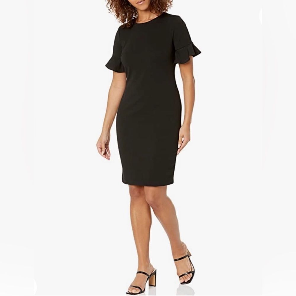 Calvin Klein 6 Black Short Ruffle Sleeve Bodycon Back Zip Cocktail MIDI Dress